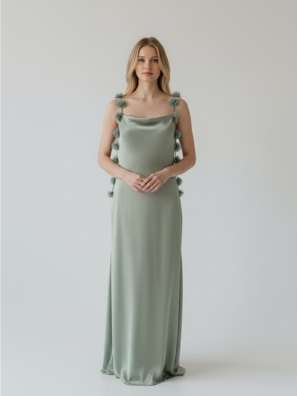 Elegant Sage Green Silk Slip Dress, floral sleeves